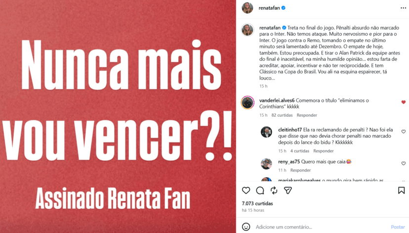 Renata Fan falou sobre a situação do Internacional (Foto: Reprodução/ Instagram) Renata Fan falou sobre a situação do Internacional (Foto: Reprodução/ Instagram)