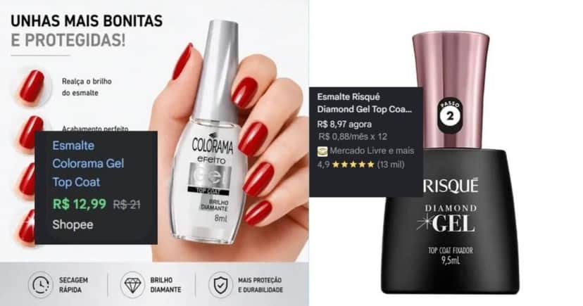 Top Coat Colorama/Risqué (Foto Reprodução/Montagem/Lennita/TV Foco/Canva/Google Shopping) Top Coat Colorama/Risqué (Foto Reprodução/Montagem/Lennita/TV Foco/Canva/Google Shopping)