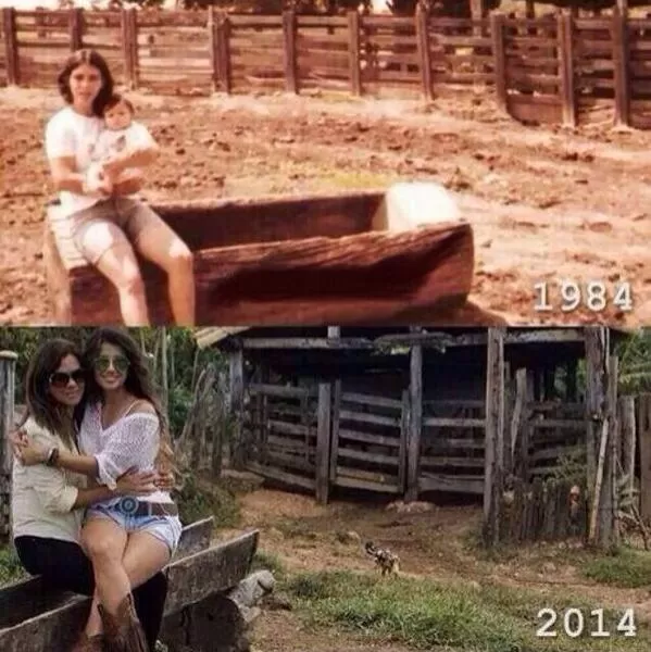 Paula Fernandes em foto antes e depois ao lado da mãe em sítio (Imagem: Montagem)