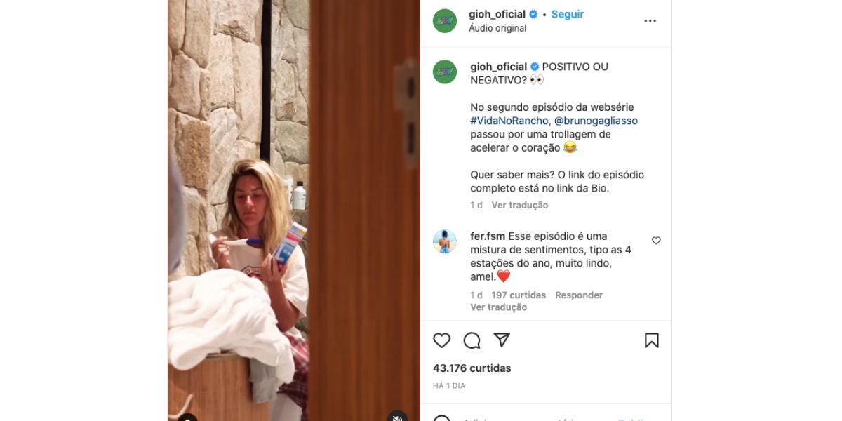 Gio Ewbank faz teste de gravidez e mente para Bruno Gagliasso sobre resultado positivo (Foto: Reprodução / Instagram)