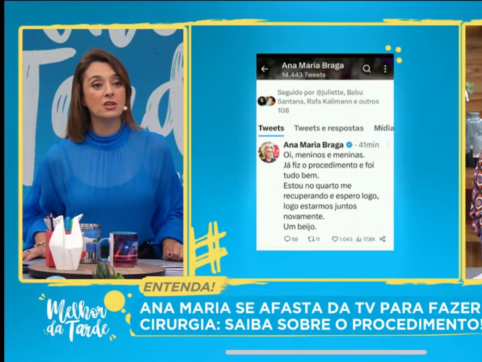 No programa Melhor da Tarde, Catia Fonseca entrega o que Ana Maria Braga adora fazer e mostra twitter da apresentadora - Foto Reprodução Band