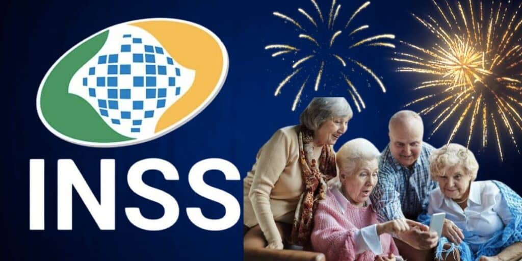 Logo do INSS, fogos de artifício e idosos (Fotos: Reproduções / Internet / Freepik / Montagem)