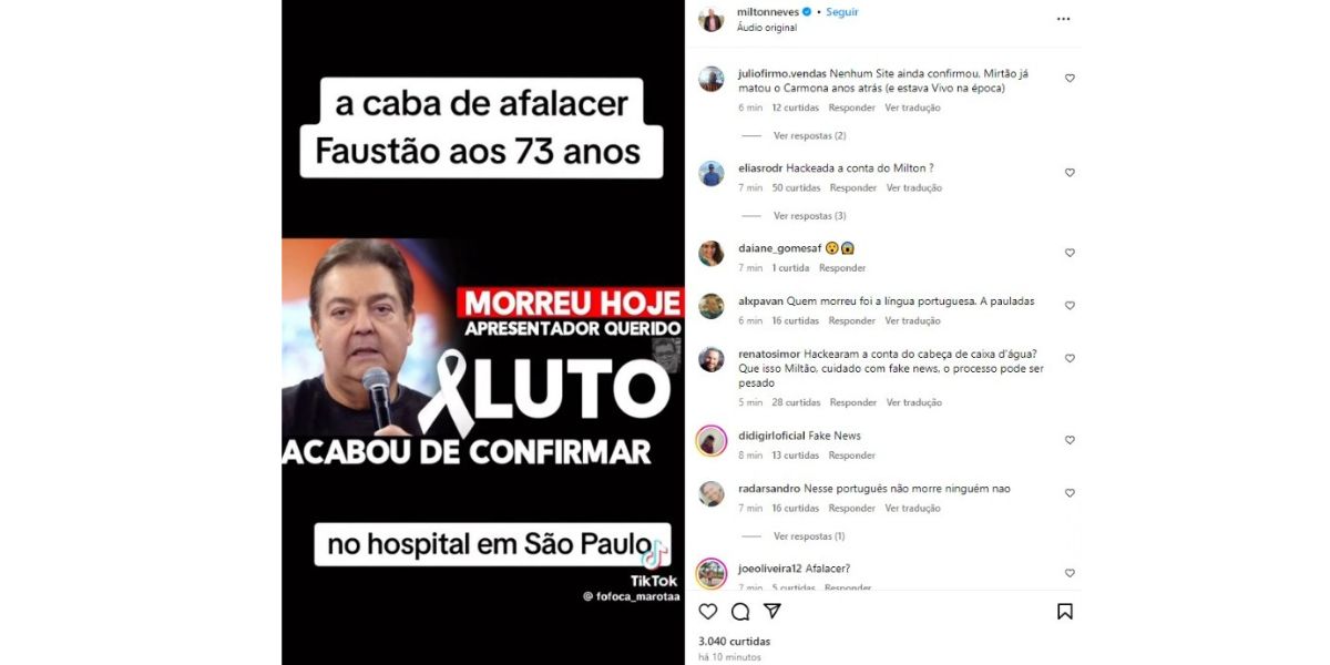 Publicação de Milton Neves ao anunciar morte de Faustão (Foto: Reprodução / Instagram) 