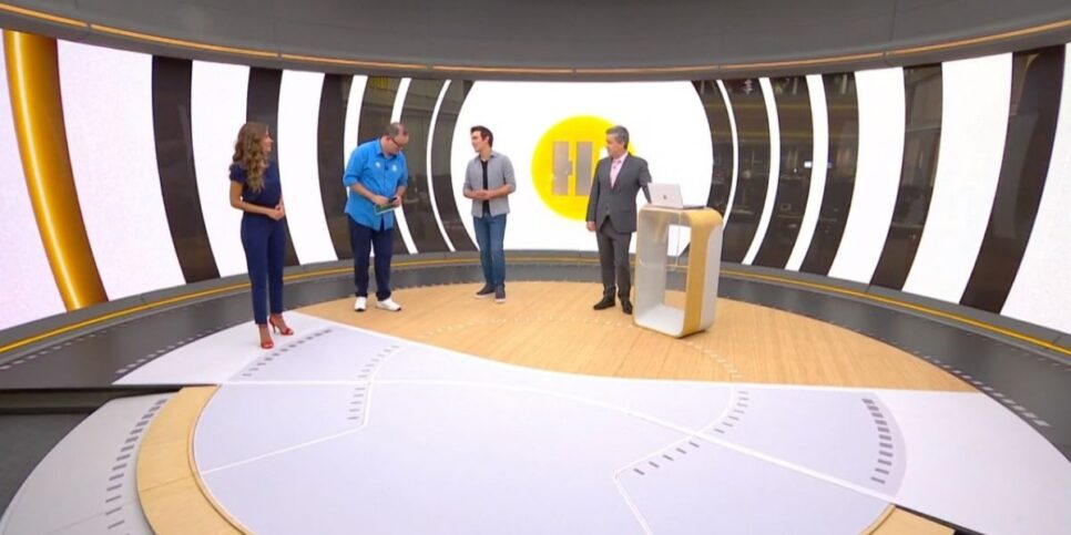 Apresentadora,  Everaldo Marques, Alê Jodar e Roberto Kovalick no Hora 1 (Foto: Reprodução / Globo)