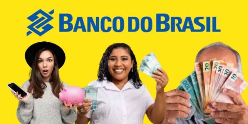 Logo do Banco do Brasil, mulher chocada segurando cofrinho e celular, e mulher e idoso segurando notas de dinheiro (Fotos: Reproduções / Internet / Freepik)