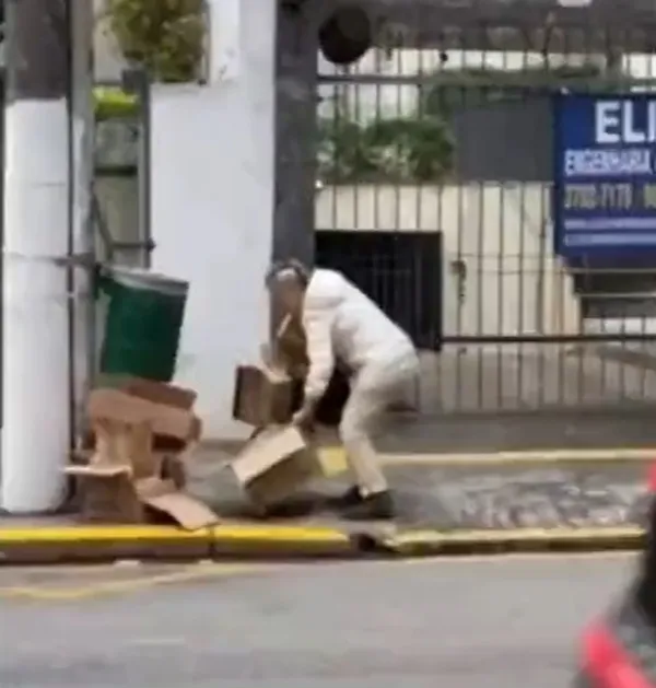 Regina Duarte pegando caixas de papelão na rua - Foto SBT
